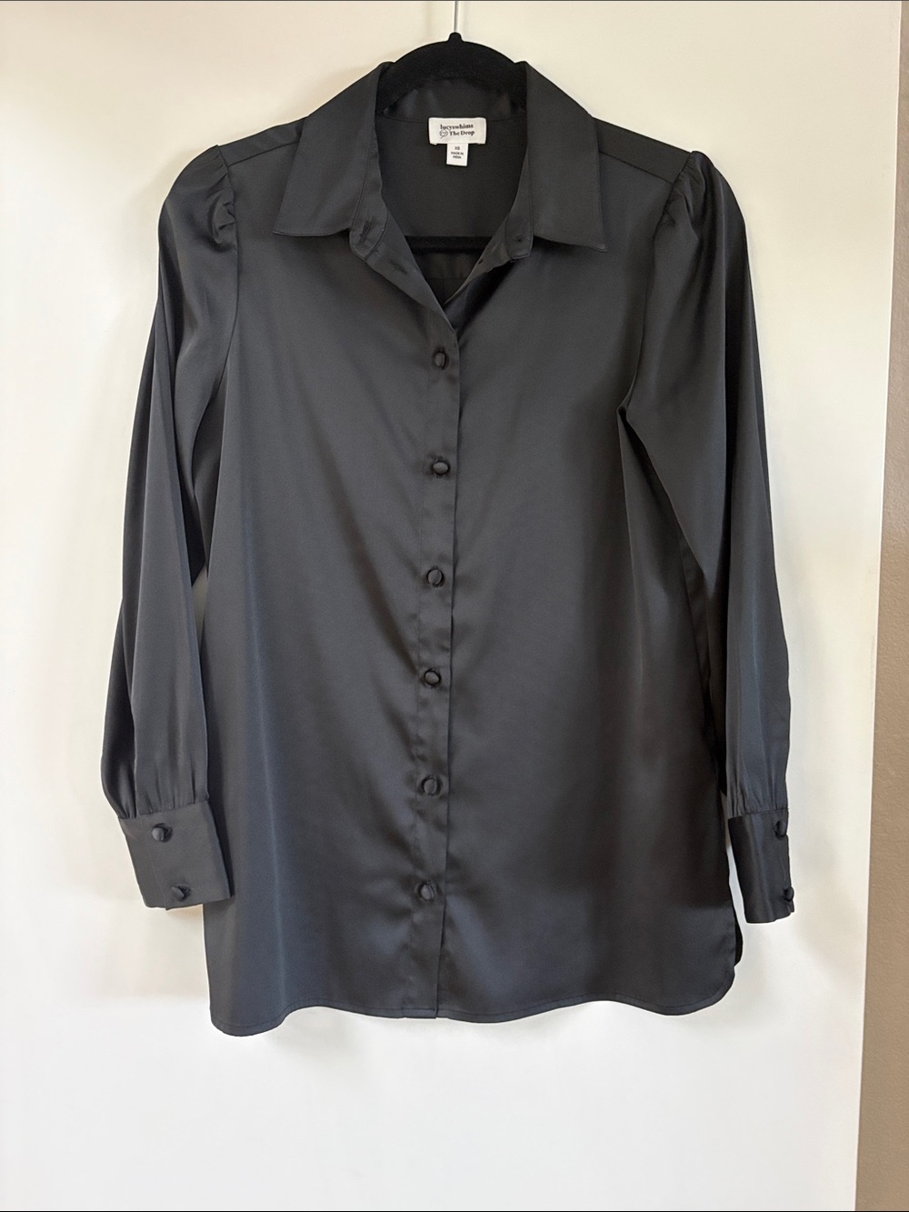Black Satin Button-Down Blouse with Puff Shoulders